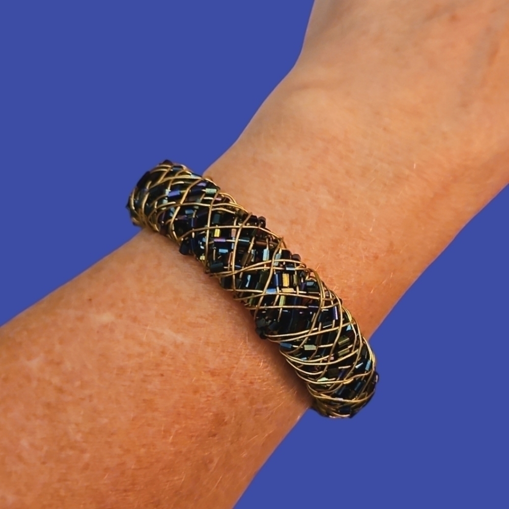 HANDMADE Metallic Midnight Blue Wire Wrapped Crystal Bead Cuff Bracelet